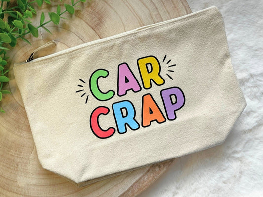 Beige pouch with 'CAR CRAP' in colourful letters