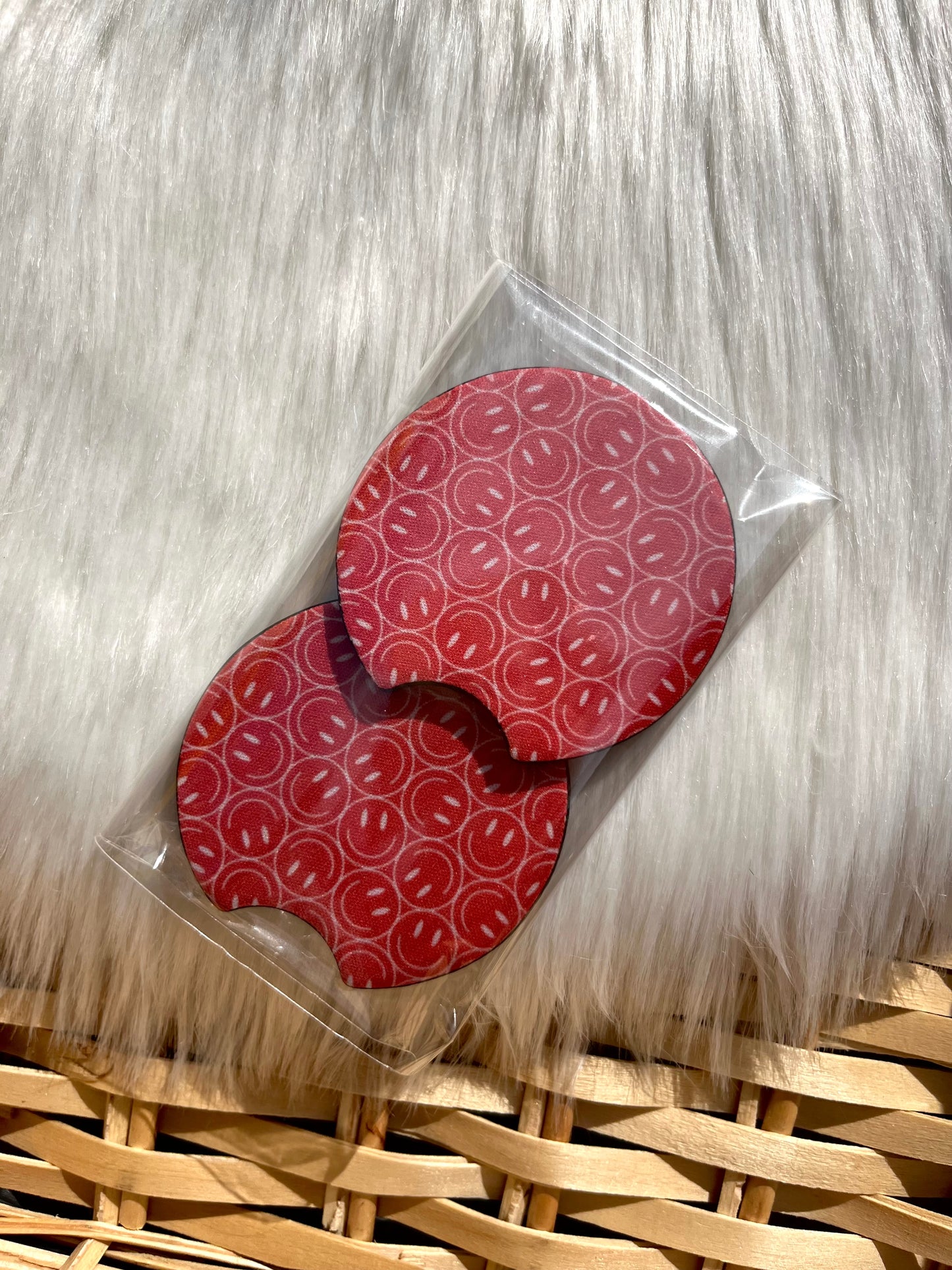 RED SMILEY FACE CAR COASTERS