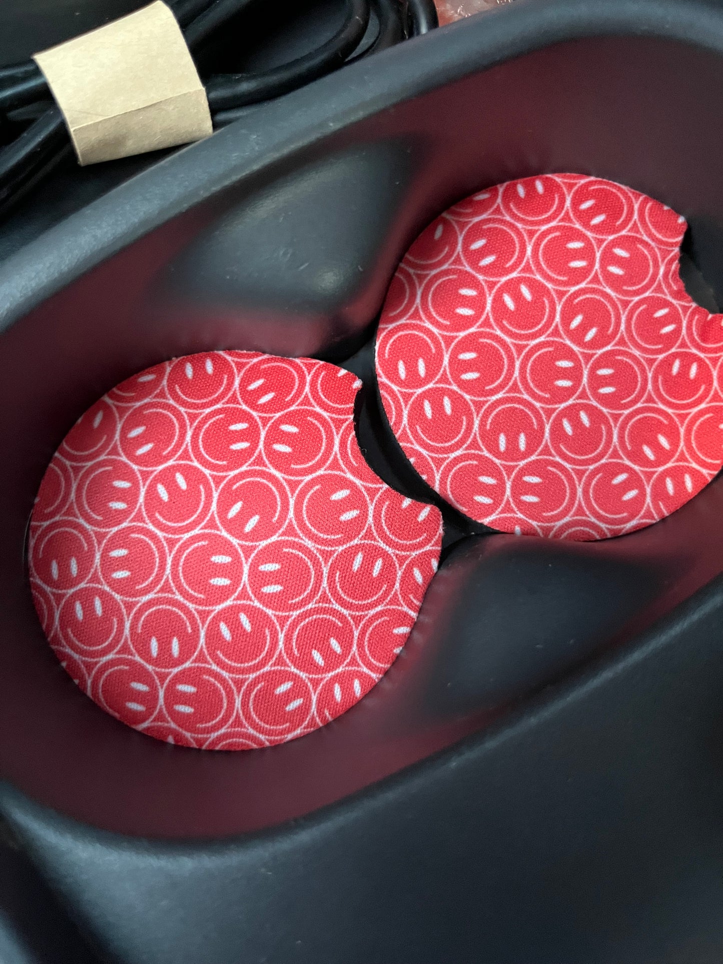 RED SMILEY FACE CAR COASTERS